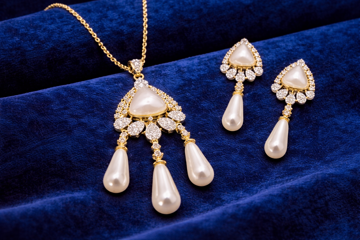Gold Plated Pearl Drop Necklace Set with American Diamond Stones