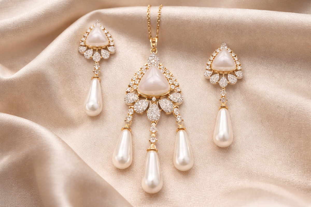 Gold Plated Pearl Drop Necklace Set with American Diamond Stones