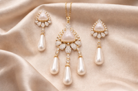 Gold Plated Pearl Drop Necklace Set with American Diamond Stones