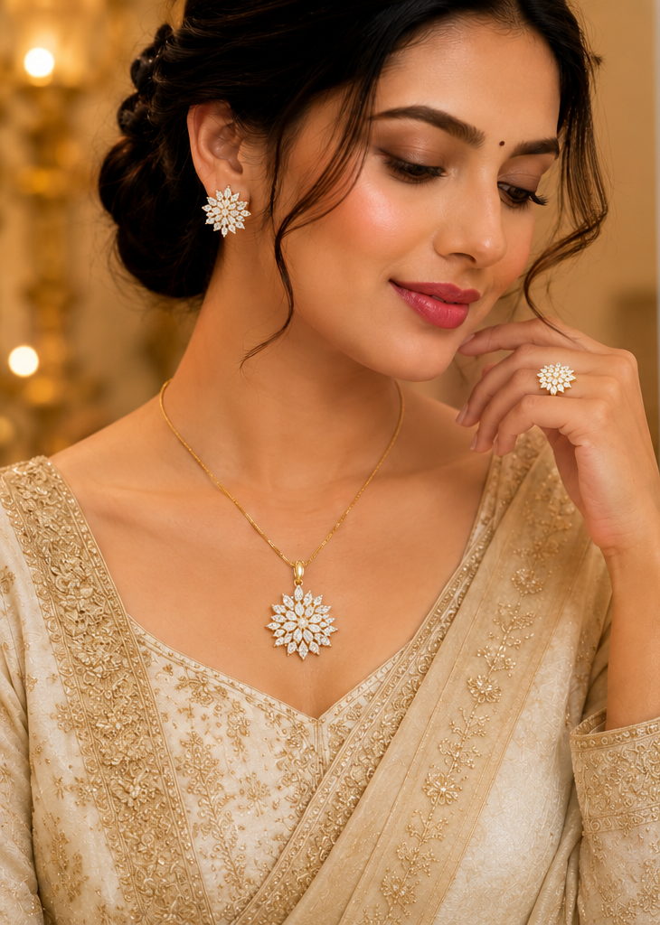Gold-Tone CZ Flower Necklace with Matching Earrings