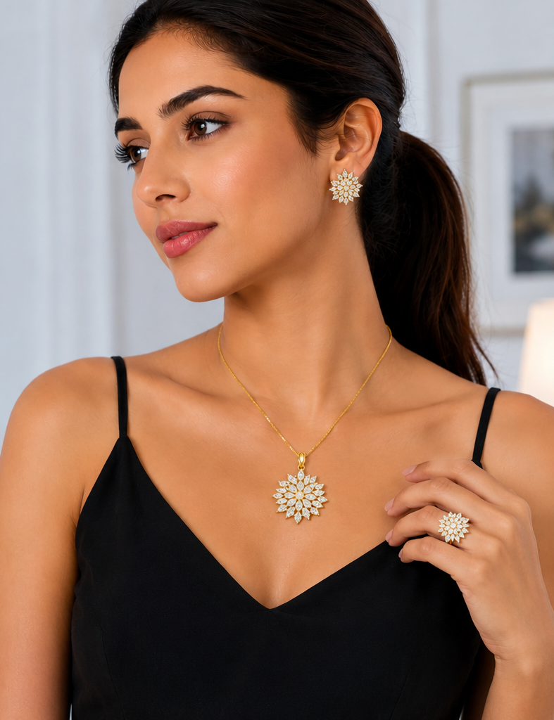 Gold-Tone CZ Flower Necklace with Matching Earrings