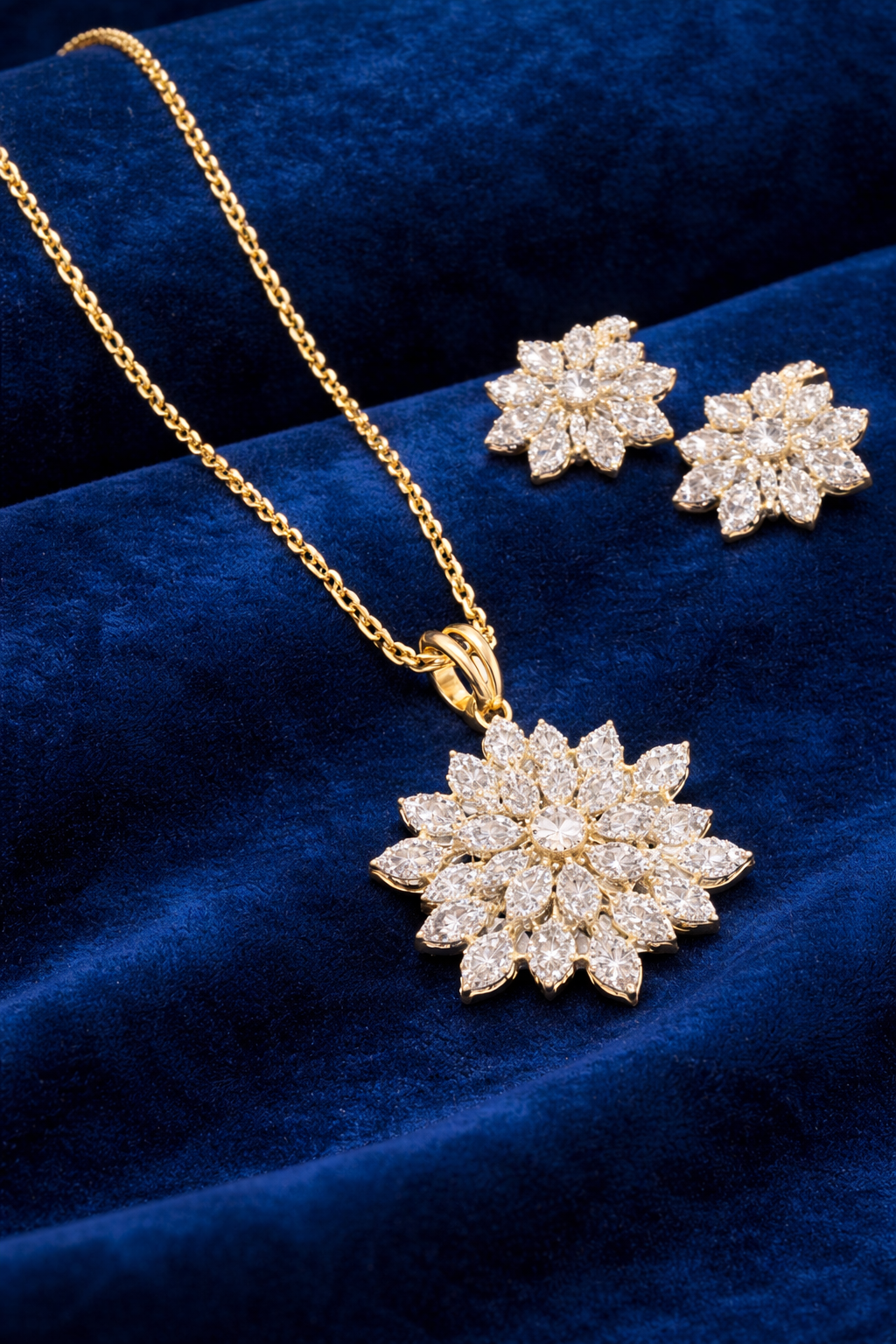 Gold-Tone CZ Flower Necklace with Matching Earrings