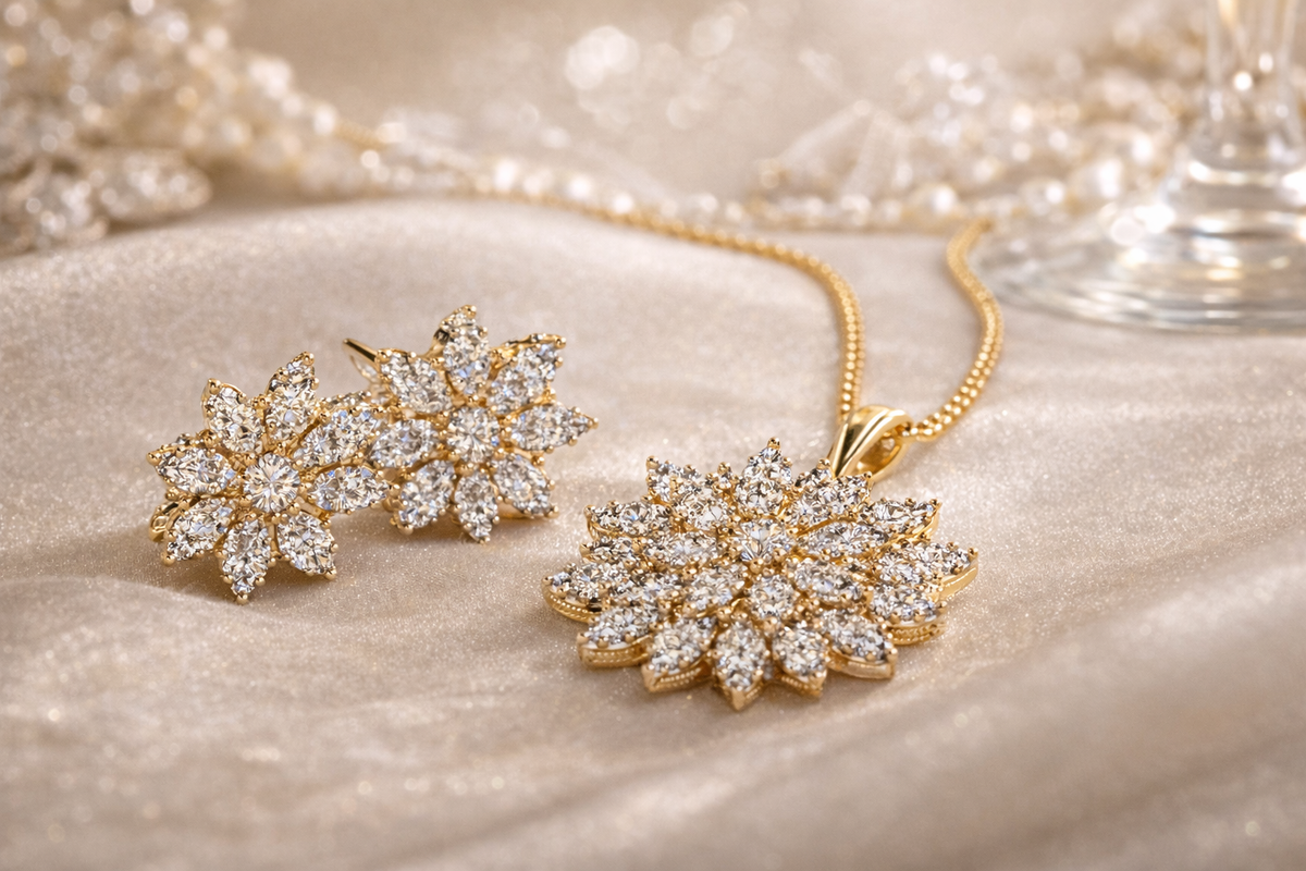 Gold-Tone CZ Flower Necklace with Matching Earrings