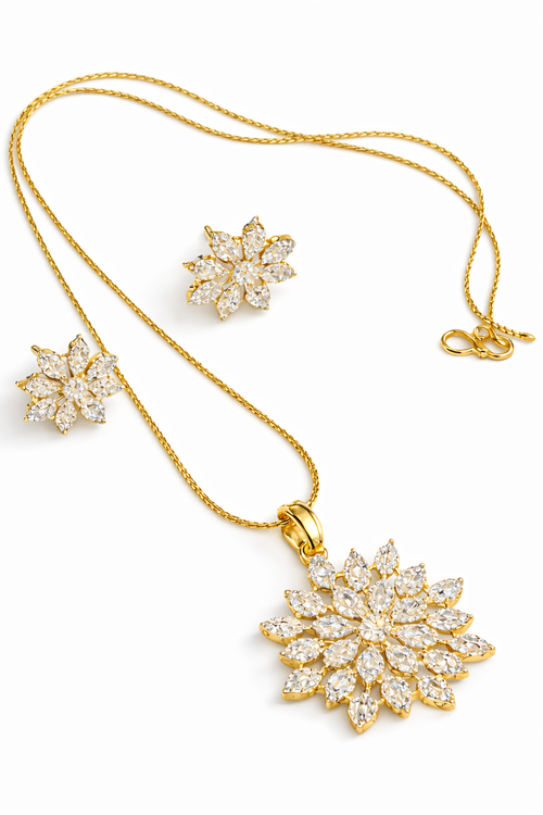 Gold Plated CZ Diamond Flower Necklace with Earrings