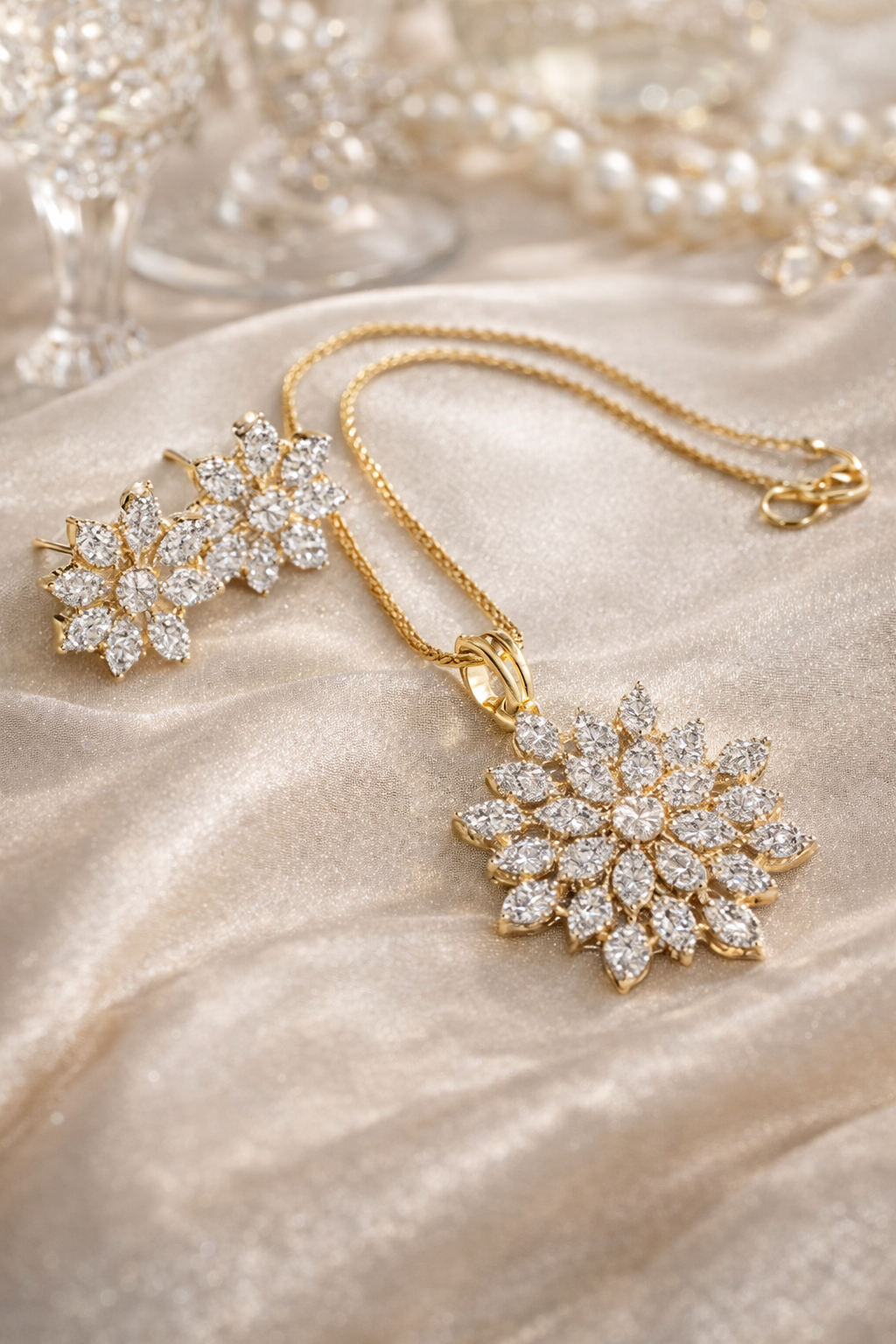 Gold-Tone CZ Flower Necklace with Matching Earrings