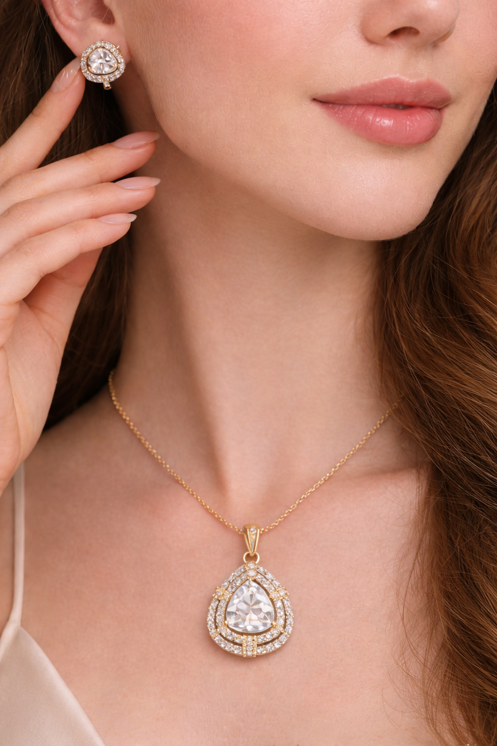 Gold-Plated Oval CZ Necklace Set with Earrings & Ring