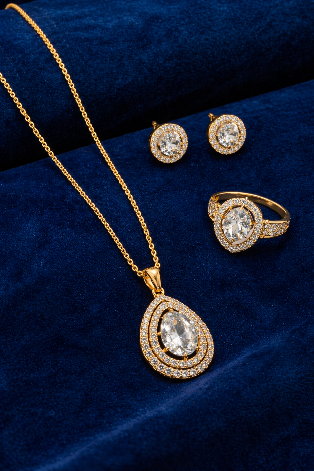 Gold-Plated Oval CZ Necklace Set with Earrings & Ring