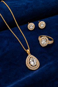 Oval Gold Plated CZ Diamond Necklace with Earrings and Ring