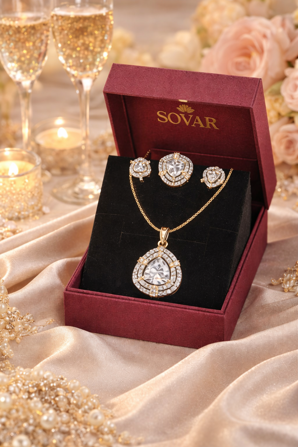 Gold-Plated Oval CZ Necklace Set with Earrings & Ring