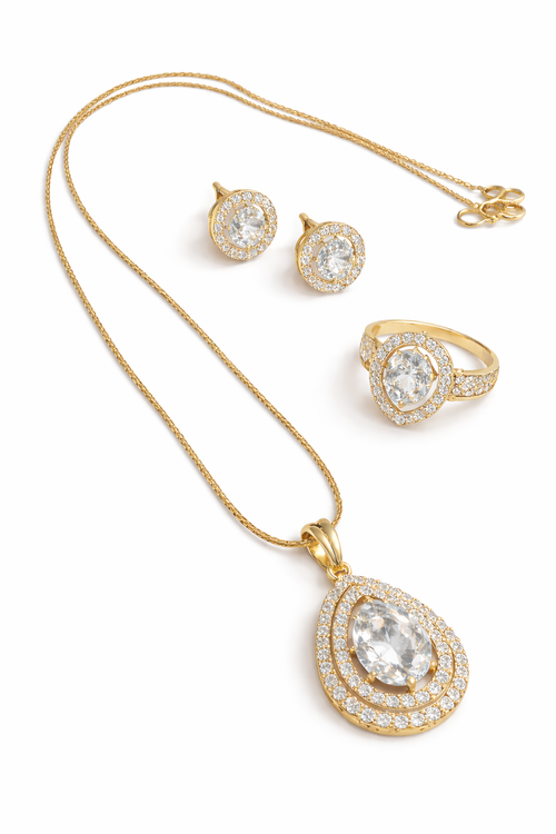 Oval Gold Plated CZ Diamond Necklace with Earrings and Ring