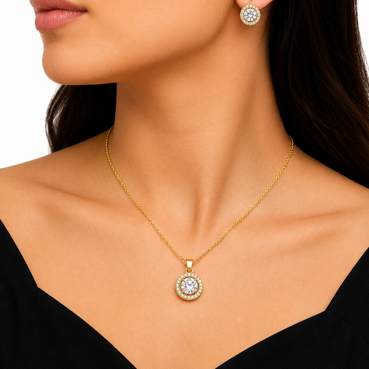 Luxe Halo Diamond Inspired Pendant Set