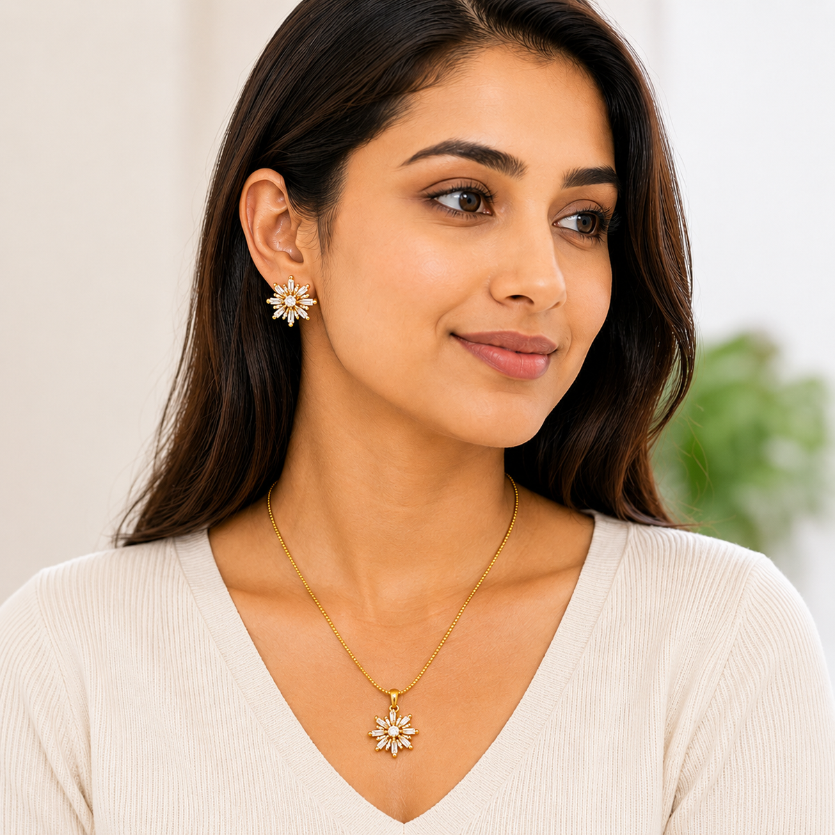 Gold-Tone CZ Diamond Pendant Necklace Set