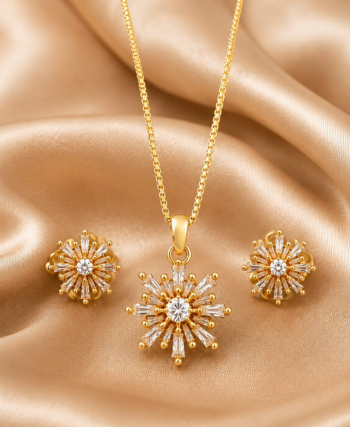 Gold-Tone CZ Diamond Pendant Necklace Set