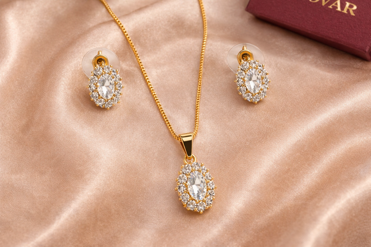Oval AD Diamond Look Pendant Necklace Set