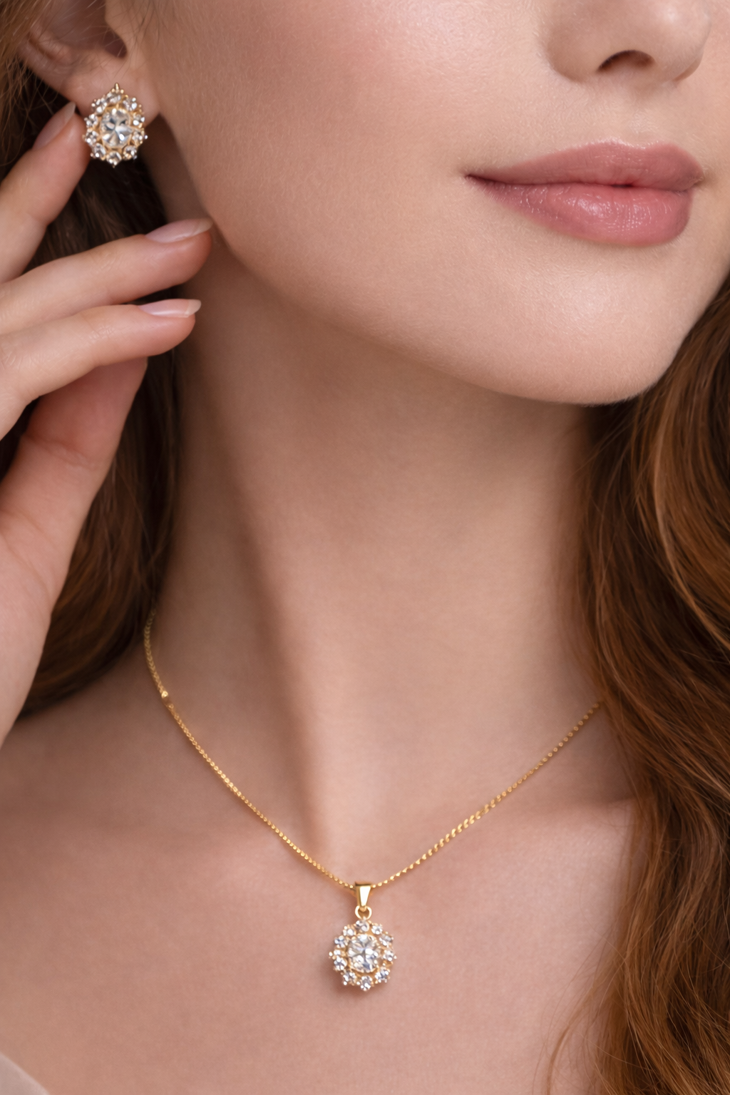 Oval AD Diamond Look Pendant Necklace Set