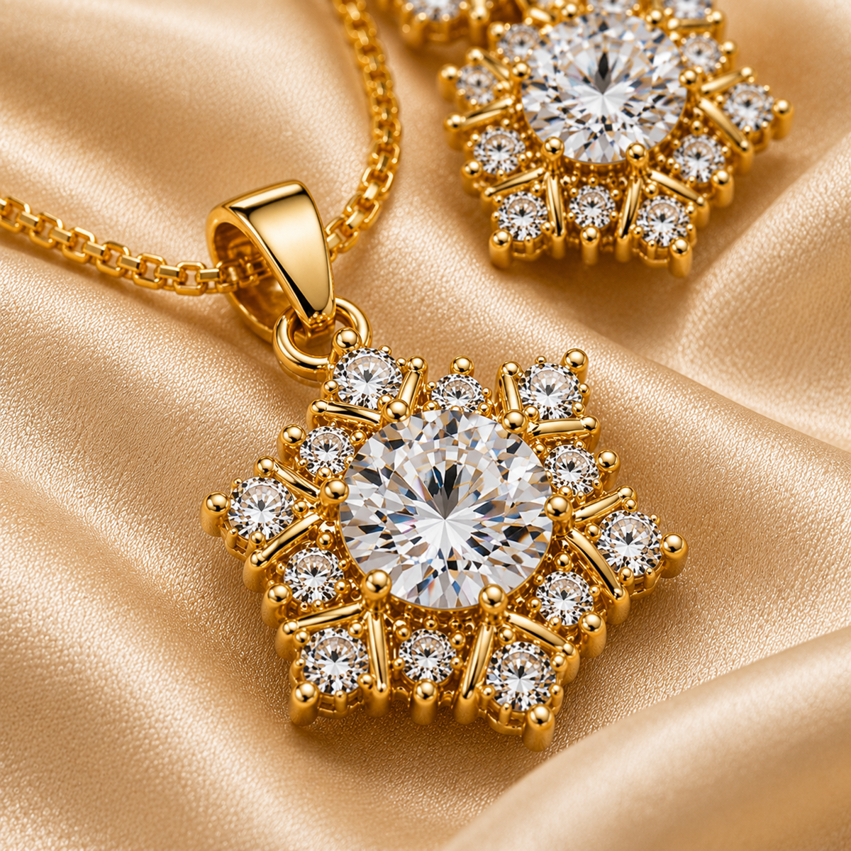 Gold-Plated CZ Diamond Floral Halo Design Pendant Set