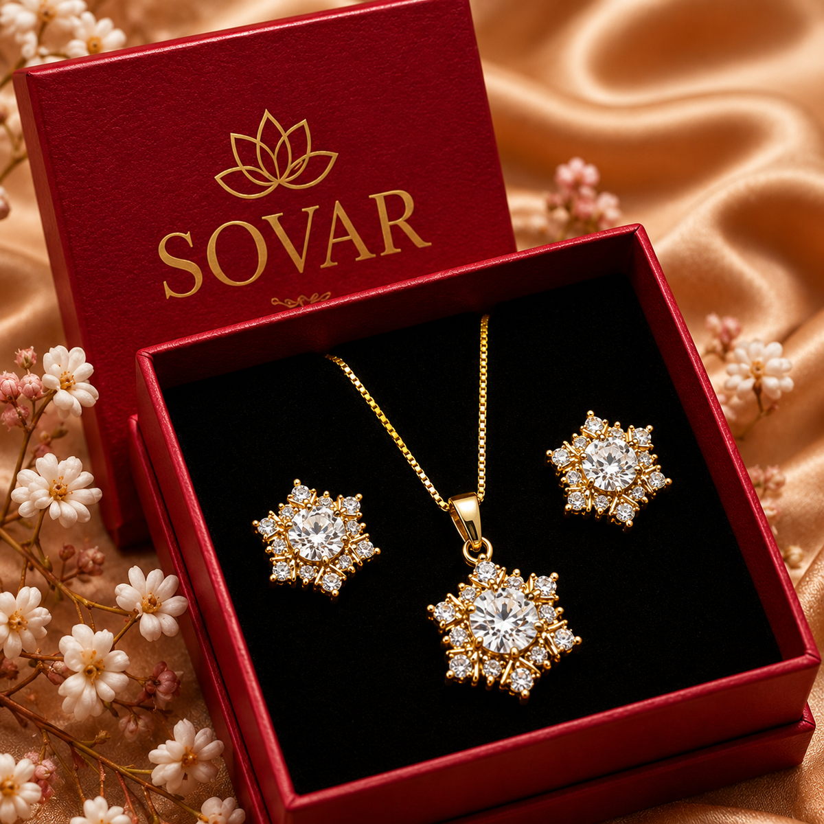 Gold-Plated CZ Diamond Floral Halo Design Pendant Set