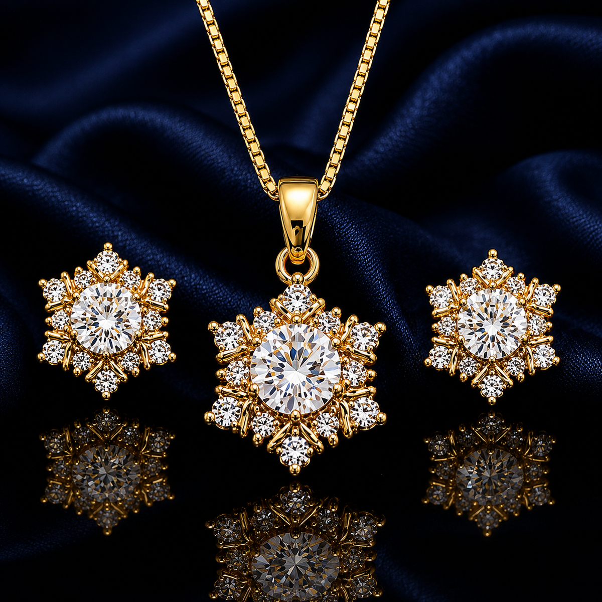 Gold-Plated CZ Diamond Floral Halo Design Pendant Set