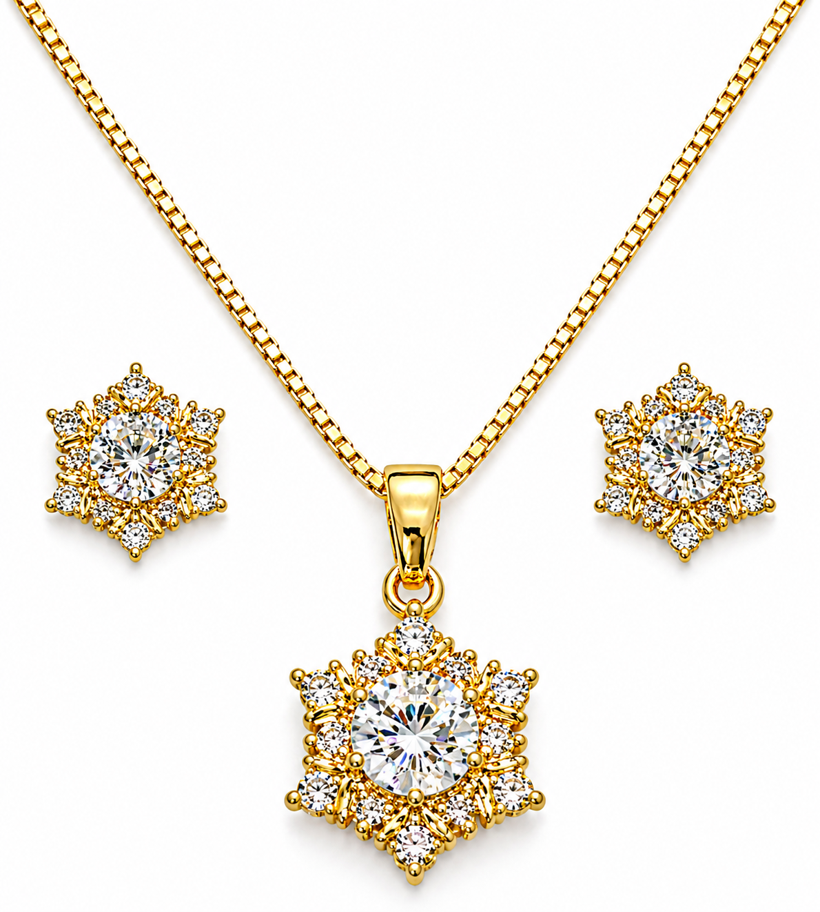 Gold-Plated CZ Diamond Floral Halo Design Pendant Set