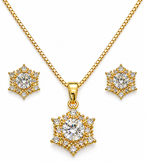 Gold-Plated CZ Diamond Floral Halo Design Pendant Set