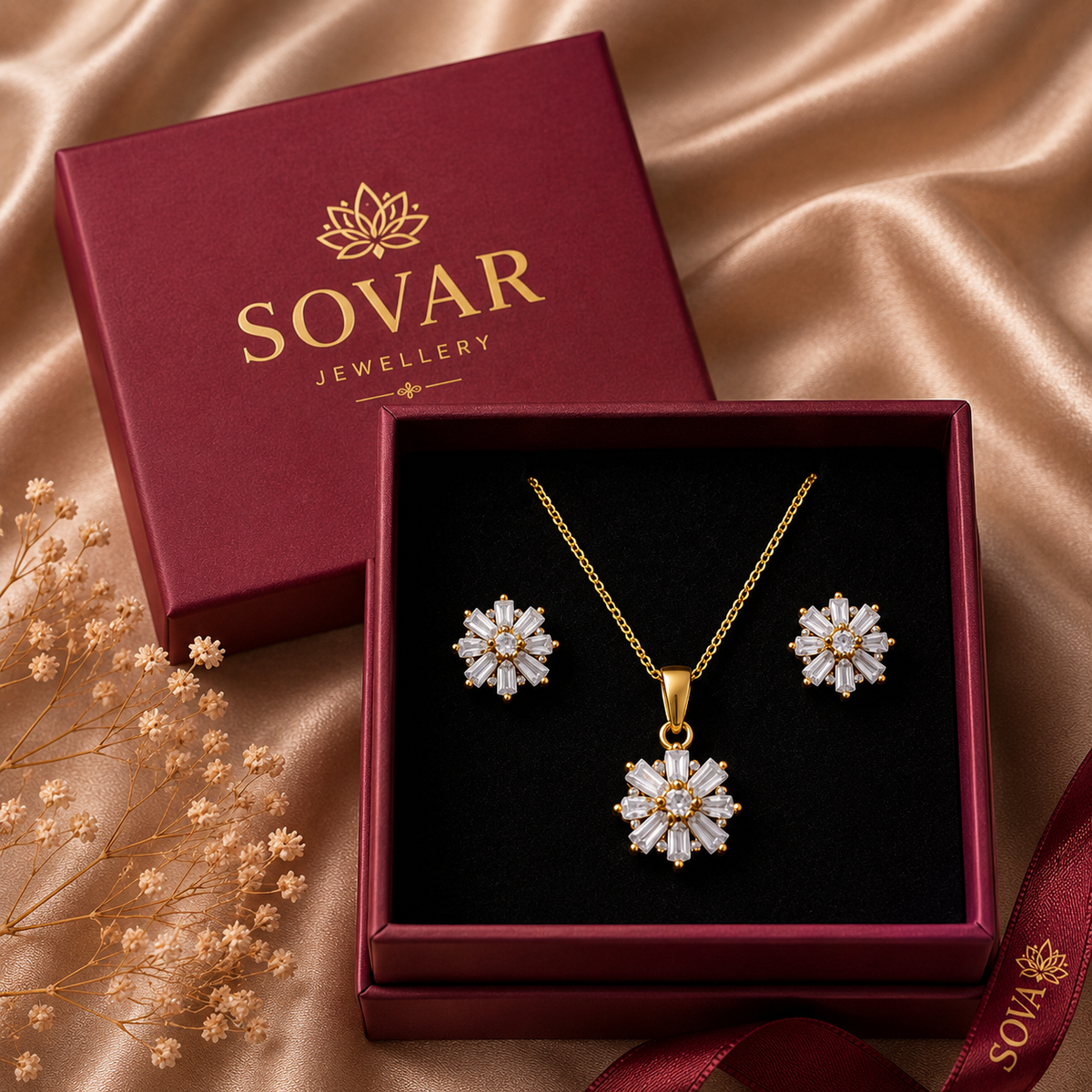 Gold-Plated CZ Flower Pendant Set
