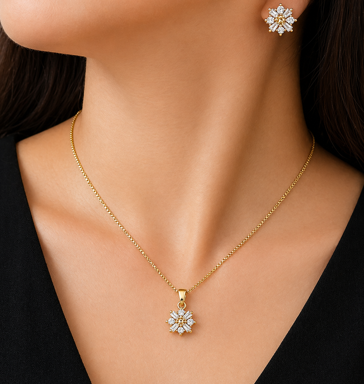 Gold-Plated CZ Flower Pendant Set