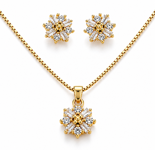 Gold-Plated CZ Diamond Floral Design Pendant Set