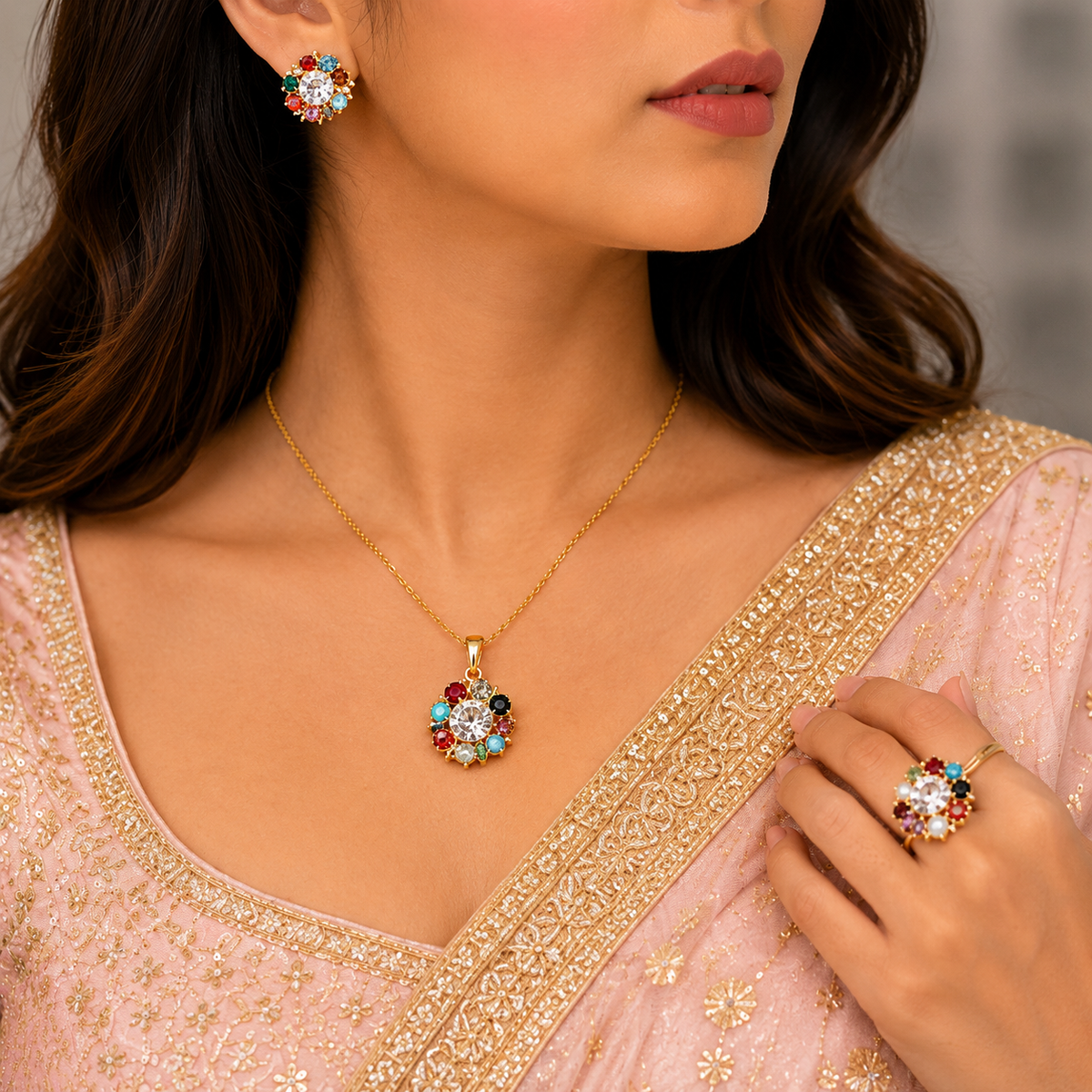 Gold-Plated Multi-Color Pendant Set