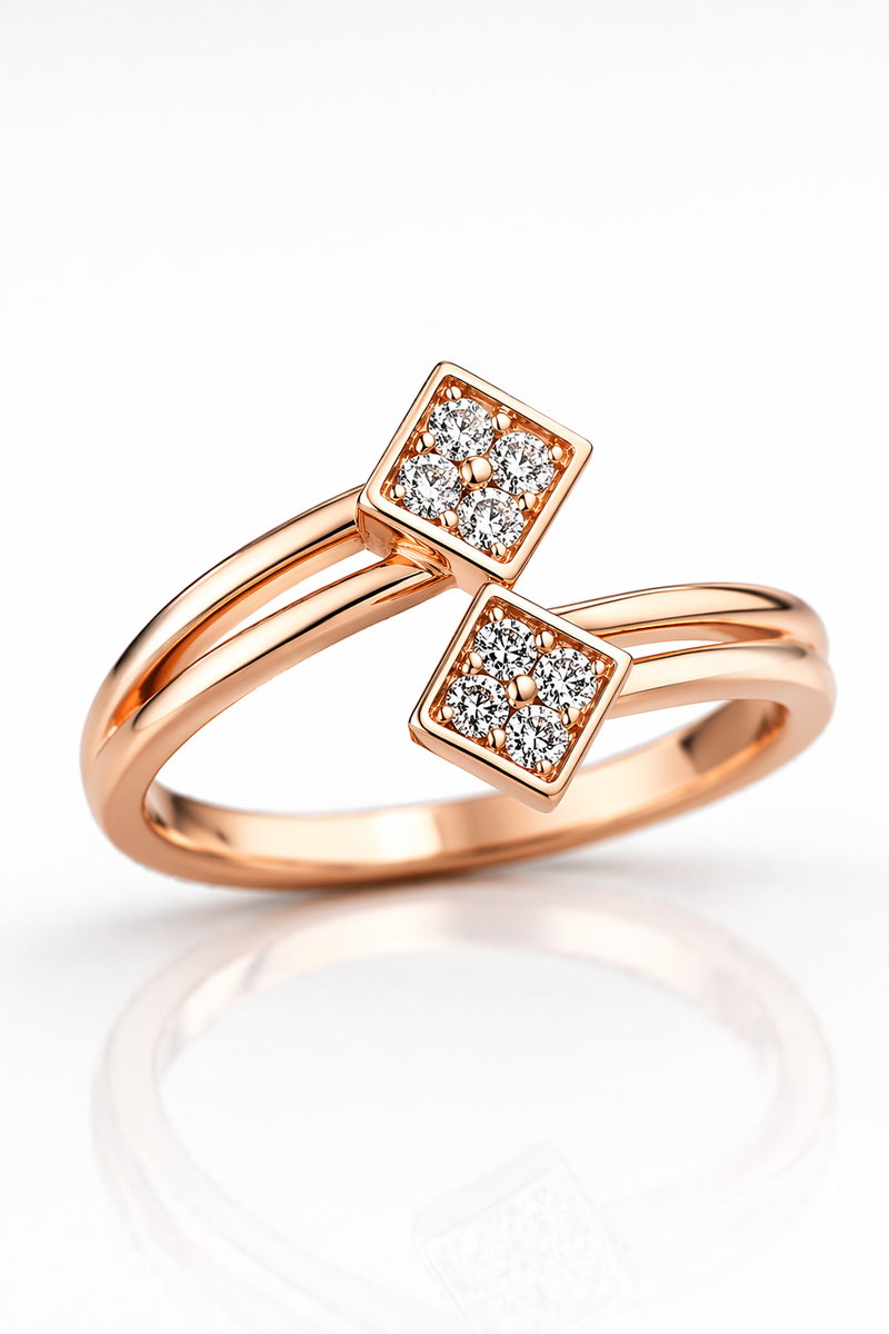 Rose Gold Square AD Diamond Dual Head Adjustable Ring