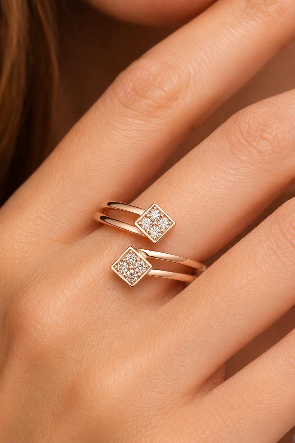 Rose Gold Square AD Diamond Dual Head Adjustable Ring