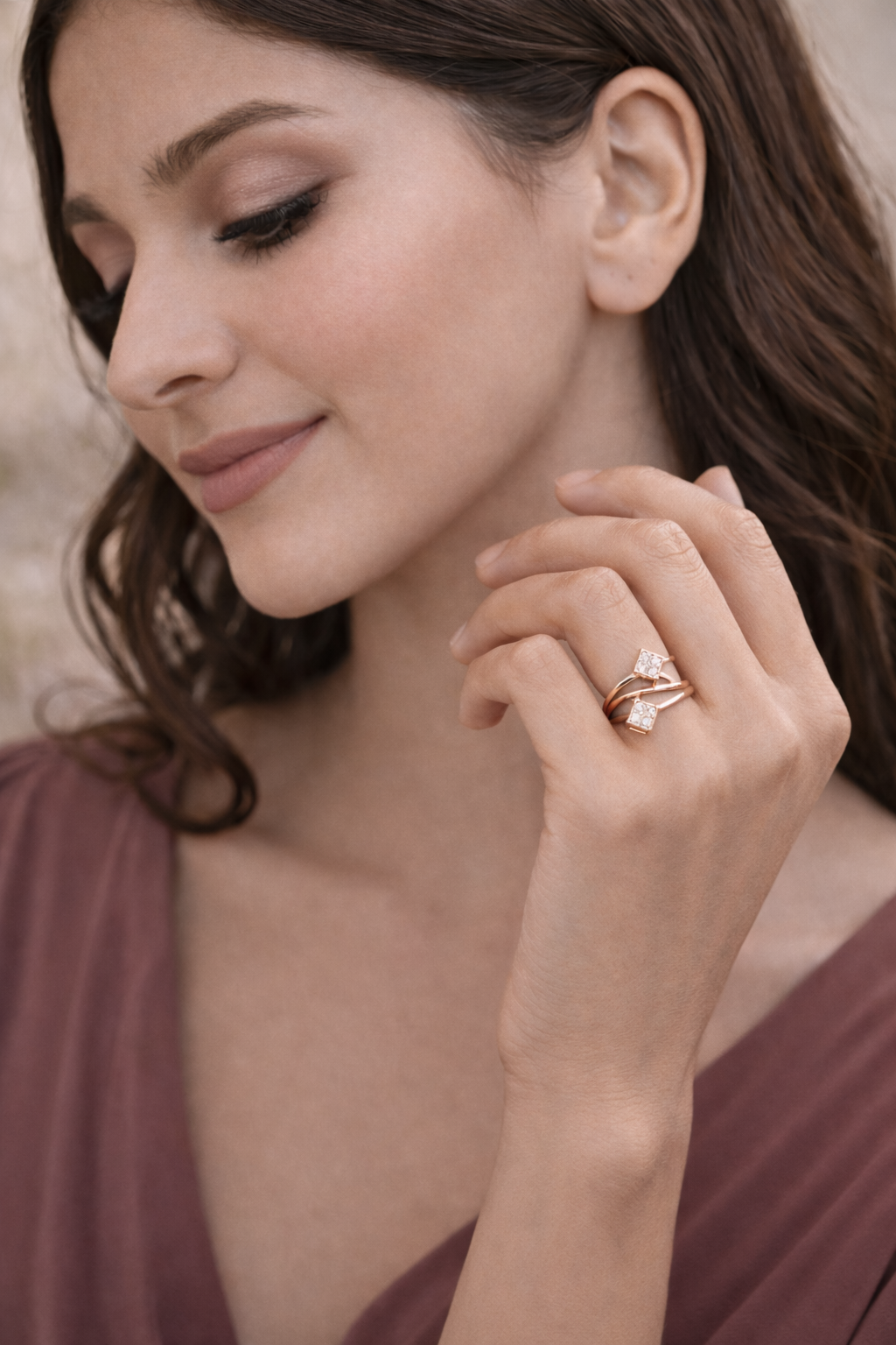 Rose Gold Square AD Diamond Dual Head Adjustable Ring