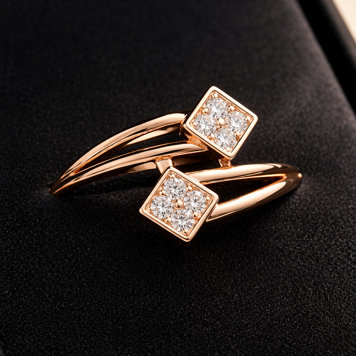 Rose Gold Square AD Diamond Dual Head Adjustable Ring