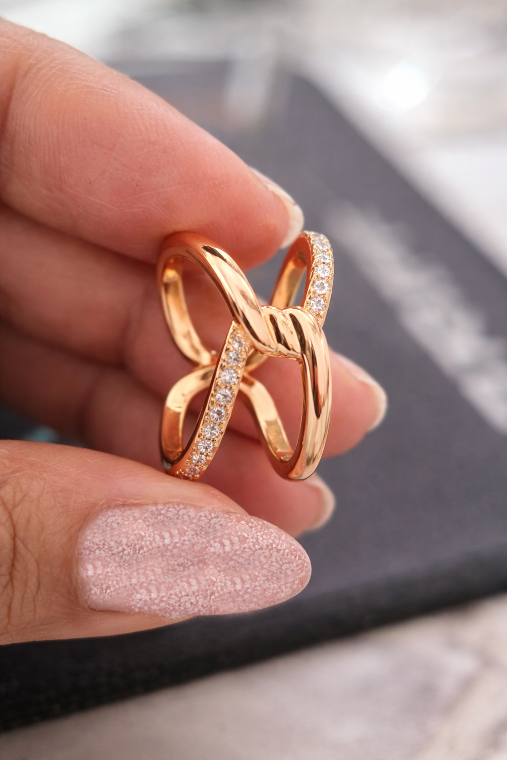 Rose Gold Knot AD Diamond Criss Cross Adjustable Ring