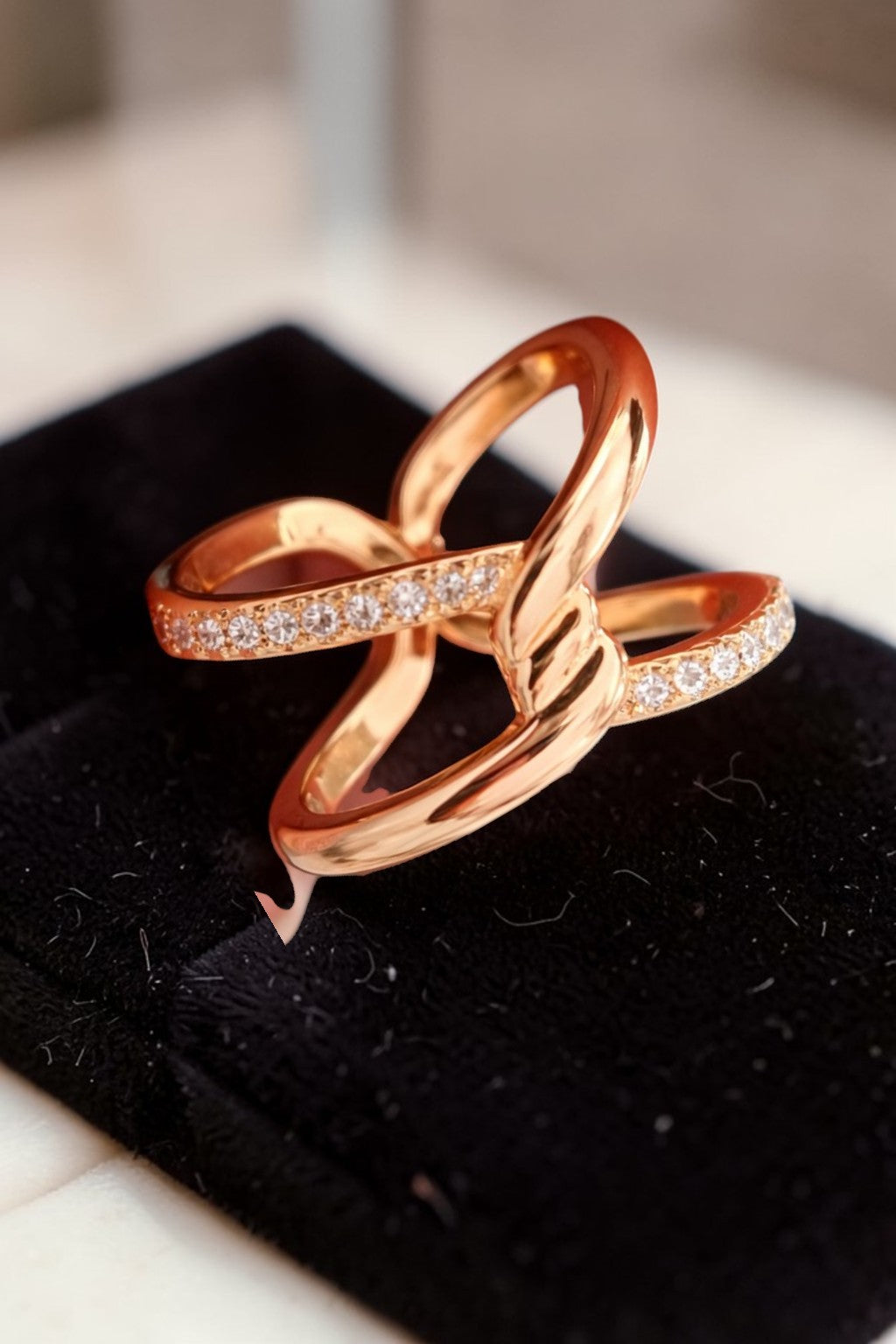 Rose Gold Knot AD Diamond Criss Cross Adjustable Ring