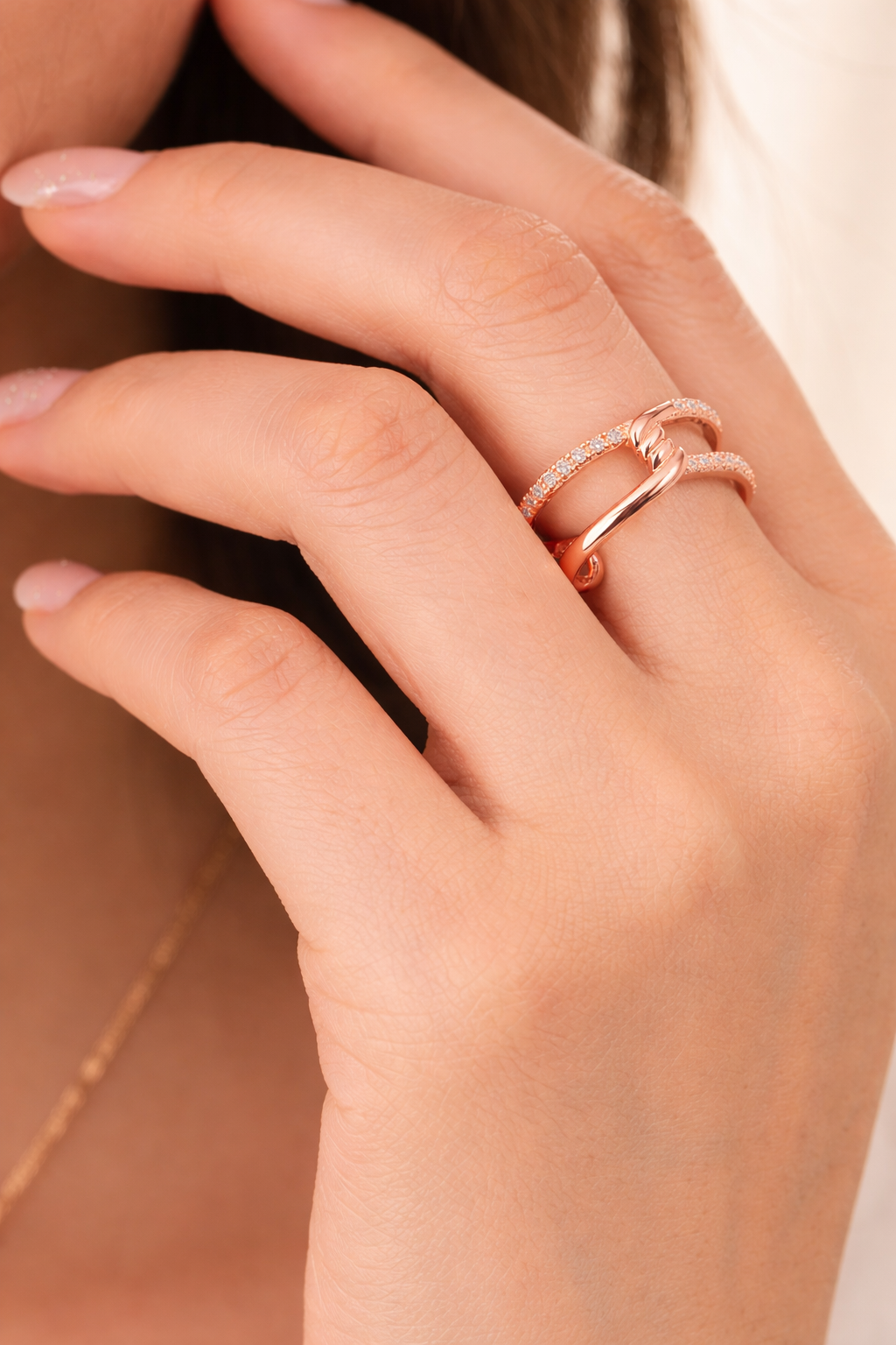 Rose Gold Knot AD Diamond Criss Cross Adjustable Ring