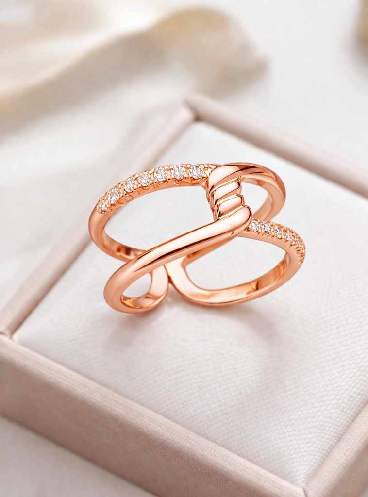 Rose Gold Knot AD Diamond Criss Cross Adjustable Ring