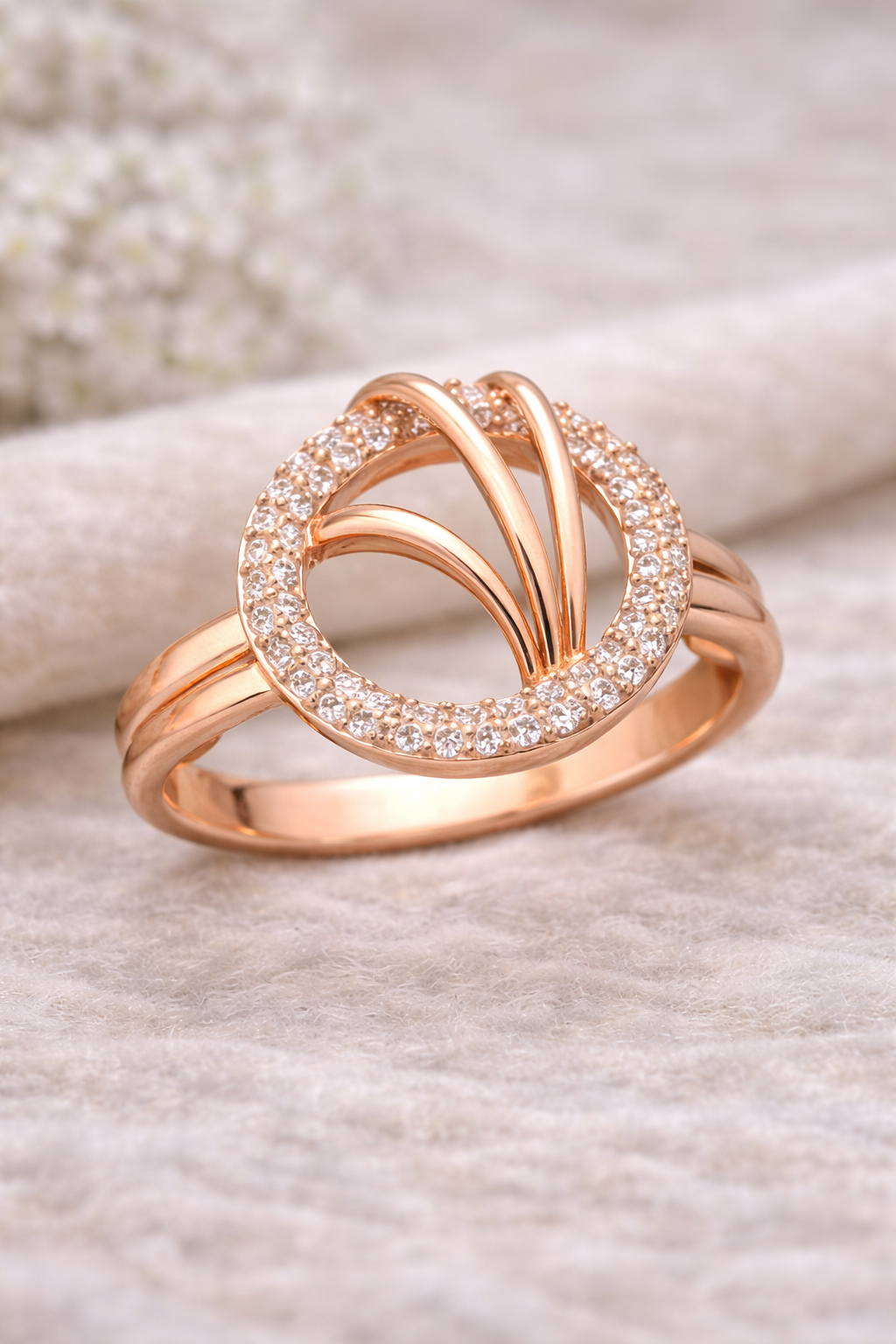 Rose Gold AD Diamond Halo Swirl Design Ring