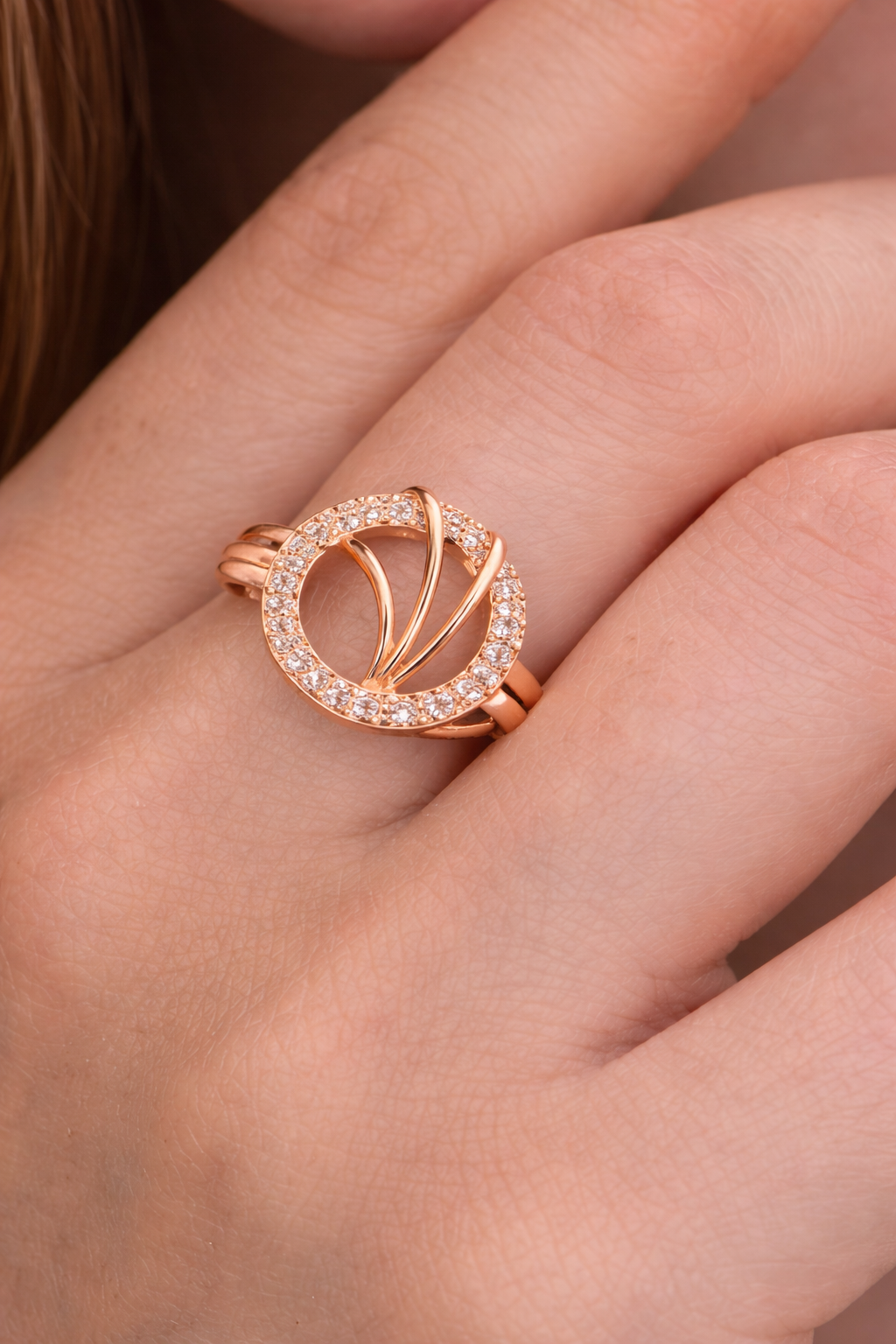 Rose Gold AD Diamond Halo Swirl Design Ring