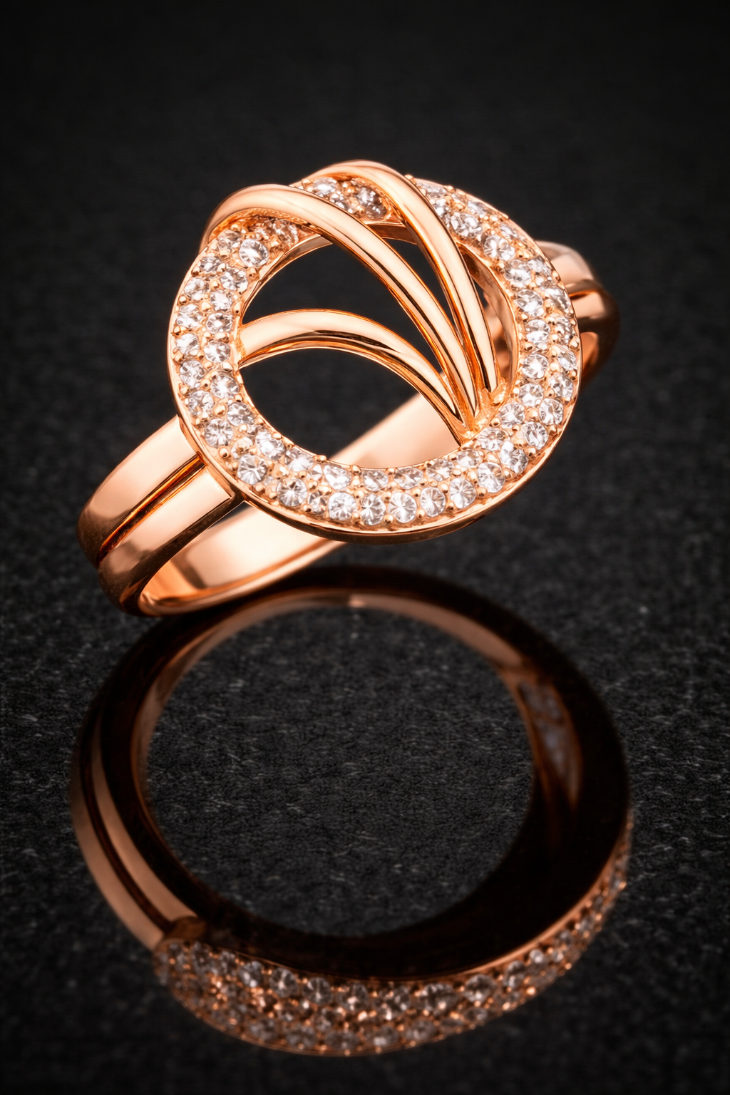 Rose Gold AD Diamond Halo Swirl Design Ring