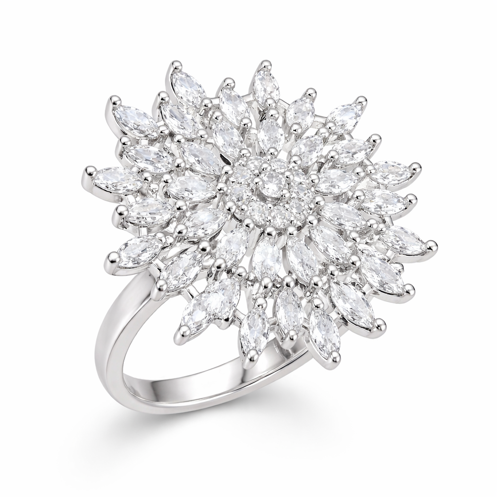 SOVAR Diamond Statement Ring for Women | Floral Sunburst CZ Cocktail Ring | Silver Tone Luxury Party Wear Designer Jewellery