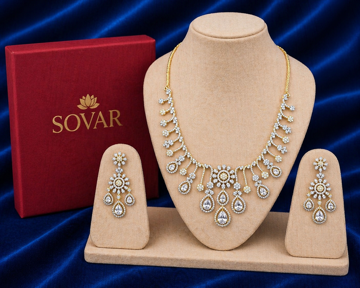 Gold-Plated American Diamond Cascade Necklace Set