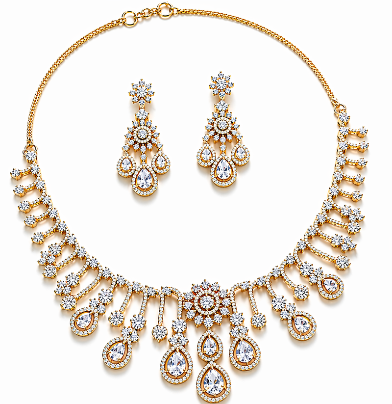 Gold Plated American Diamond Royal Cascade Necklace Set
