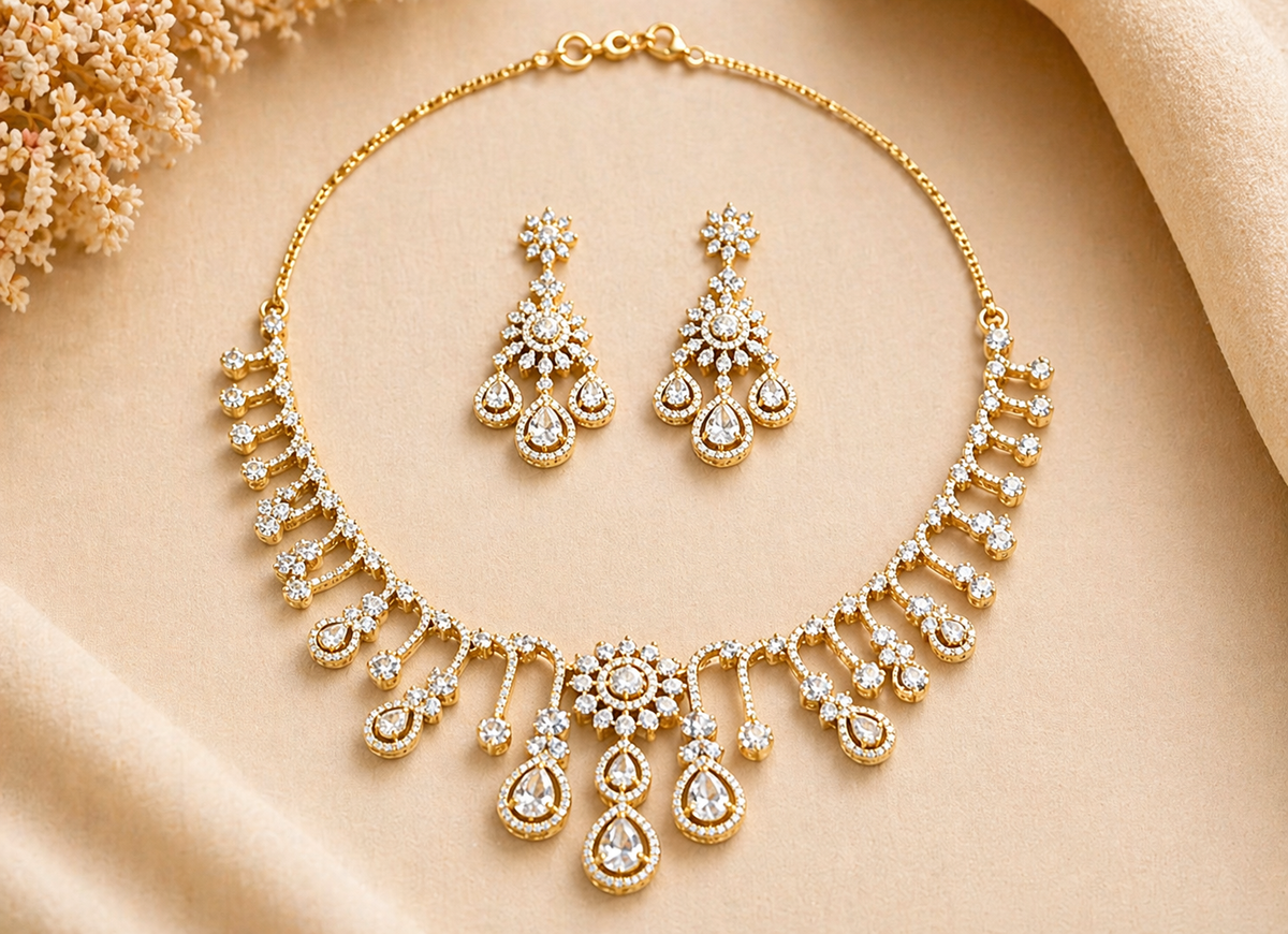 Gold-Plated American Diamond Cascade Necklace Set