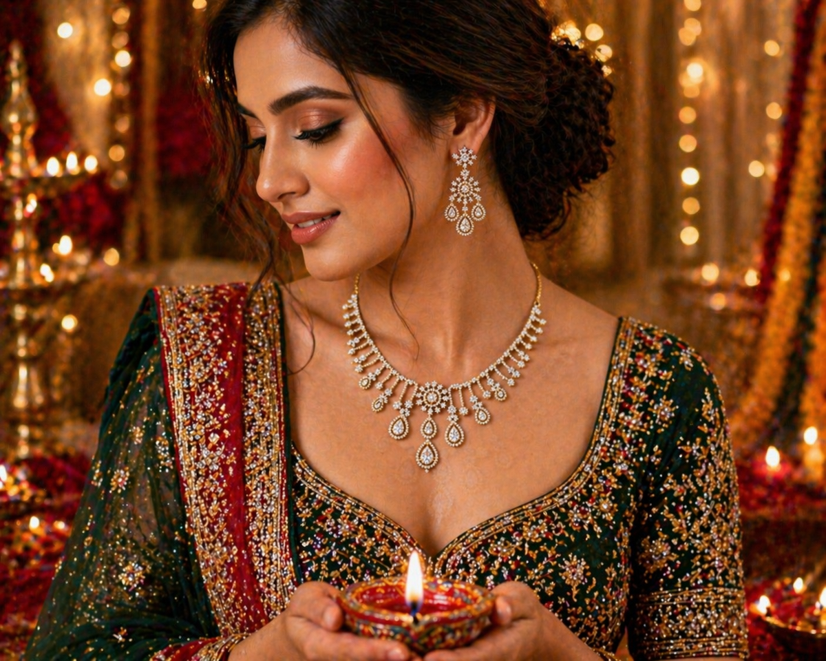 Gold-Plated American Diamond Cascade Necklace Set
