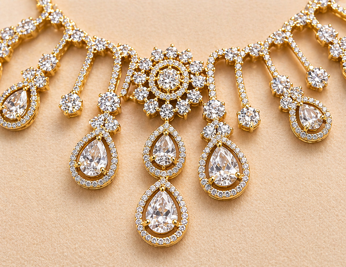 Gold-Plated American Diamond Cascade Necklace Set