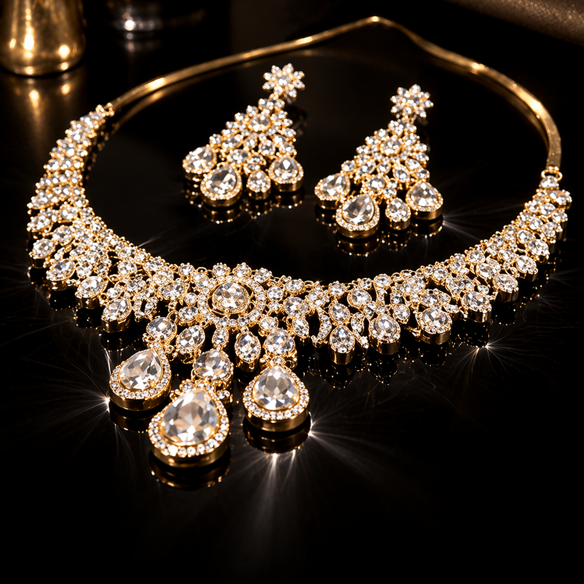 Gold-Plated American Diamond Cascade Necklace Set