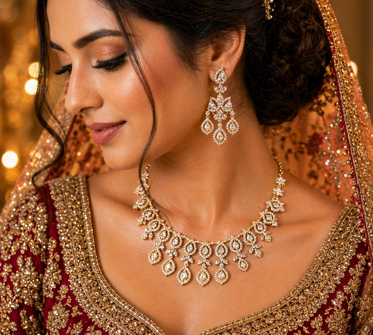 Gold-Plated American Diamond Leaf Cascade Necklace Set