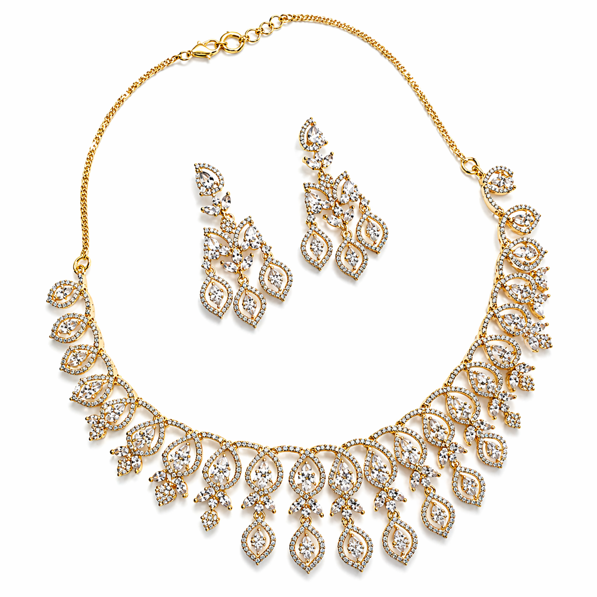 Gold Plated American Diamond Regal Leaf Cascade Necklace Set
