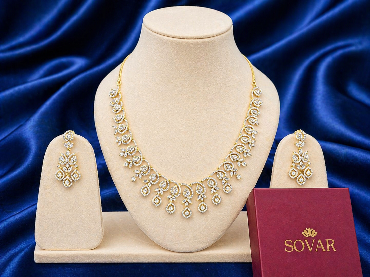Gold-Plated American Diamond Leaf Cascade Necklace Set