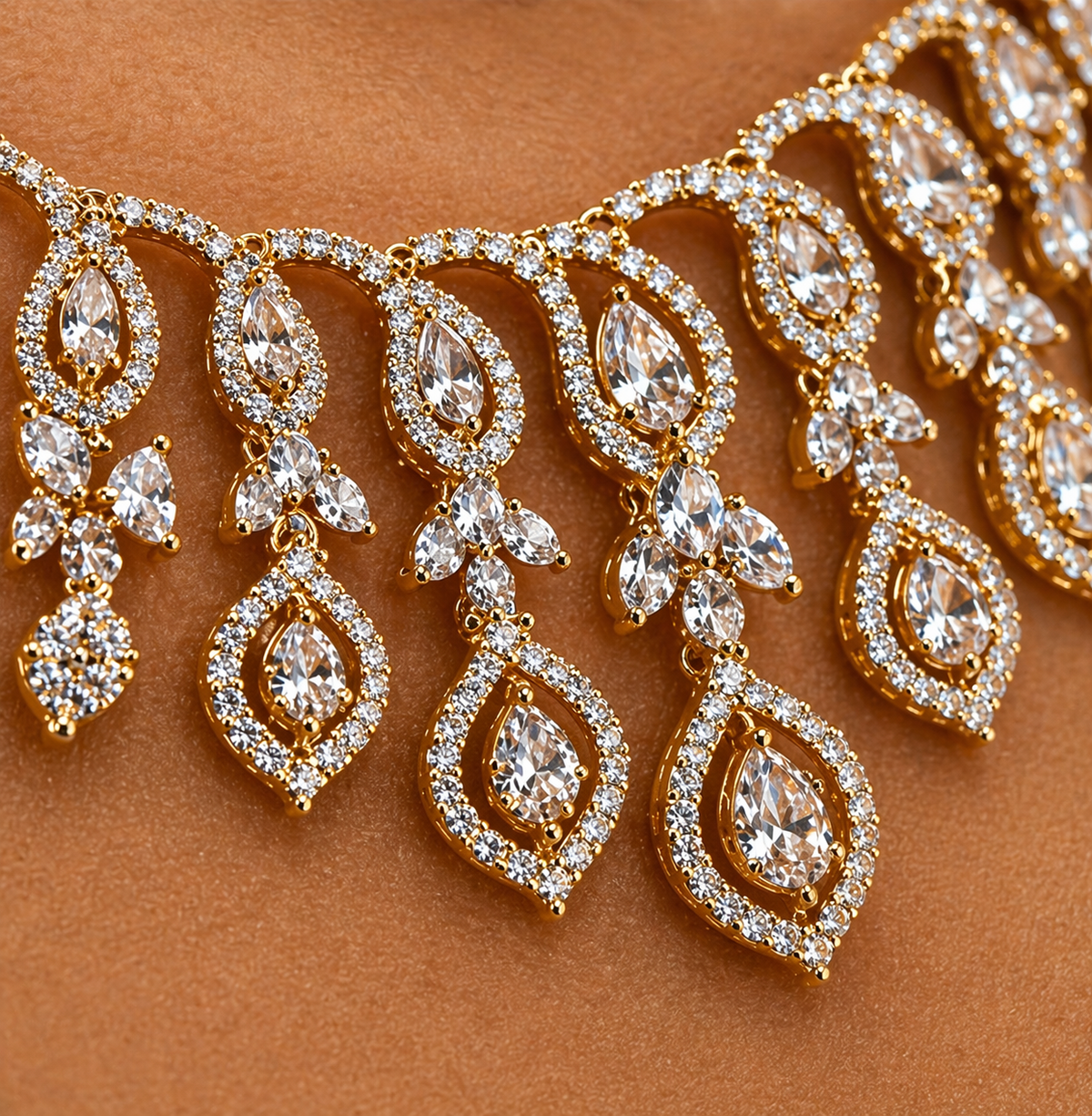 Gold-Plated American Diamond Leaf Cascade Necklace Set